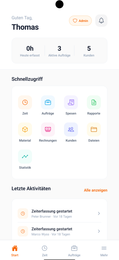 e-rapport.ch App — mobiles Dashboard für Handwerker
